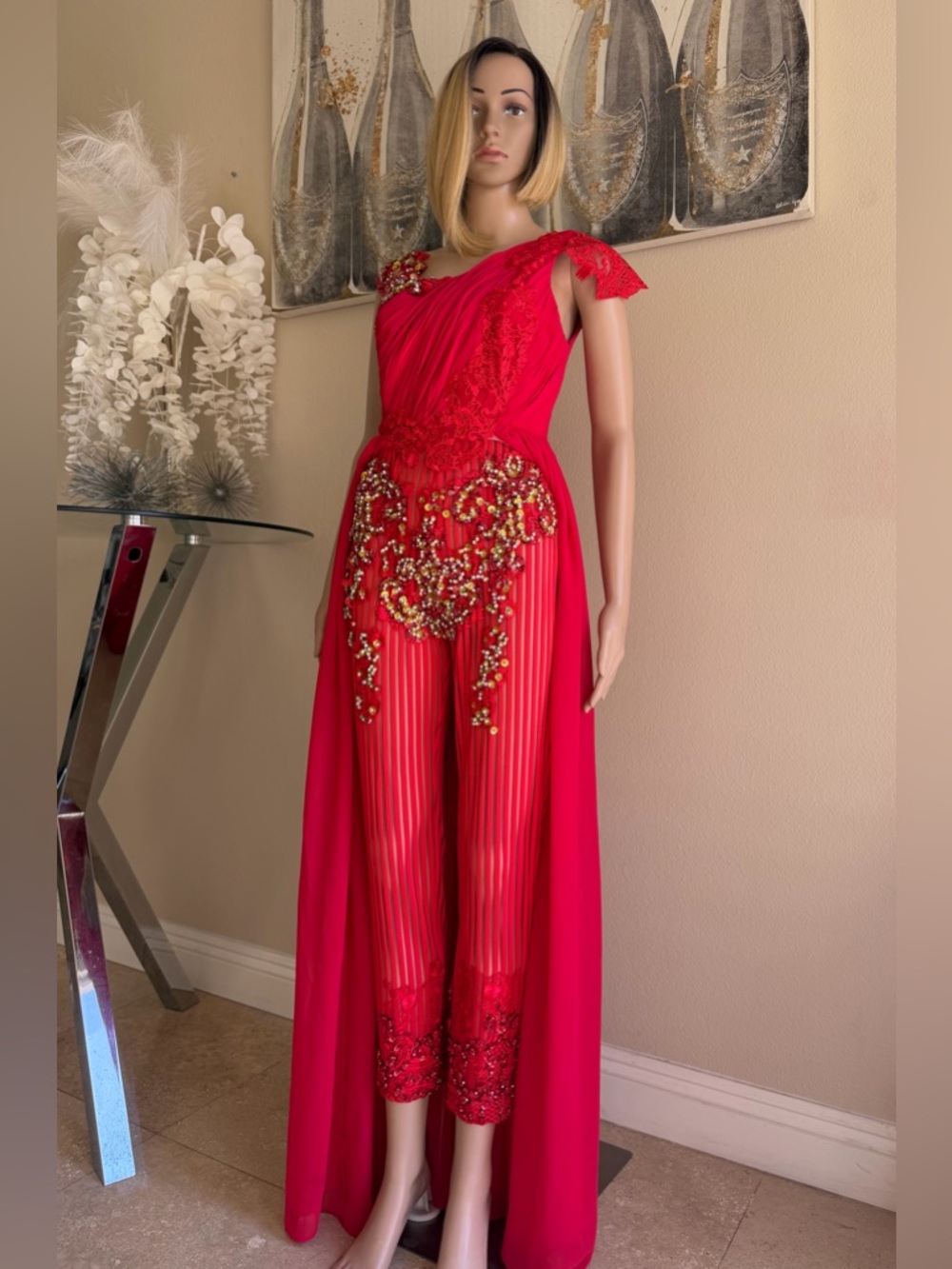 Red Embellished Sheer Panel Jumpsuit